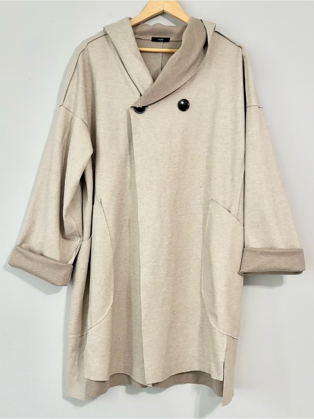 NEW RUTI Tan Beige Oversized Flowy Kimono Button Up Sweater Hooded Cardigan